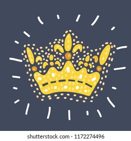 Vector cartoon funny illustration of Filigree imperial crown in sketch style. Element of Royal gold symbol over dark background.