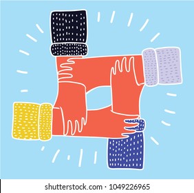 Vector cartoon funny illustration of Friendship Circle. Four Hands different colors Holding Each Other as an Interracial Cooperation.