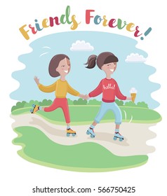 Vector cartoon funny illustration of girl learn to ride the rollers her friend in a park