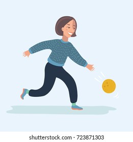 Vector cartoon funny illustration of girl playing bowling isolated on white background vector.