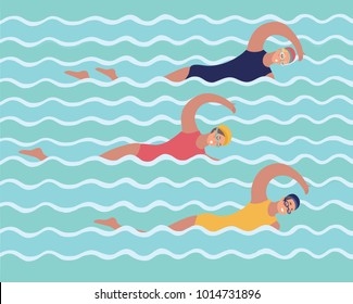 Vector cartoon funny illustration of graphic illustration of group women in training in swimming pool, girls and sports, lifestyle. Swimmers, synchronized swimming.