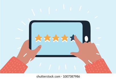 Vector cartoon funny illustration of Hand holding and pointing to a tablet with five star on the screen. Rating and review concept. Isolated object.