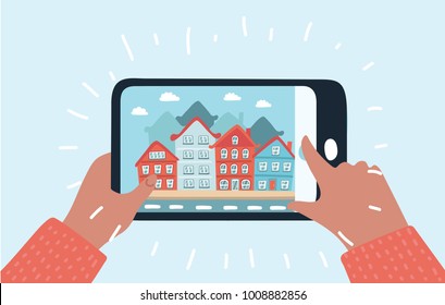 Vector cartoon funny illustration of Hand Hold Cell Smart Phone Taking Photo Of Modern City. Isolated object on white background.