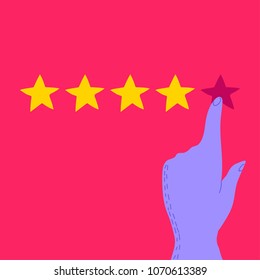 Vector cartoon funny illustration of Hand holding and pointing on star with five star on the background. Rating and review concept. Isolated object.