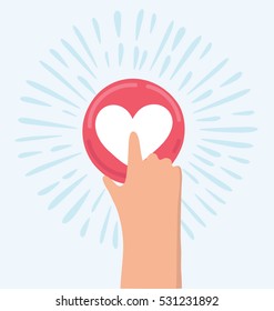 Vector cartoon funny illustration of hand pressing like heart button, valentine day, charity and social activity. Unusual icon of social media