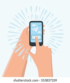 Vector cartoon funny illustration of hand holding smartphone with email icon. Sending message by e-mail