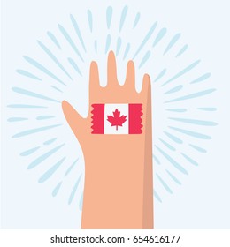 Vector cartoon funny illustration of hand with drawn on it Canada flag