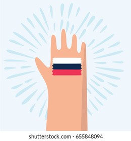 Vector cartoon funny illustration of hand with drawn on it Russian flag
