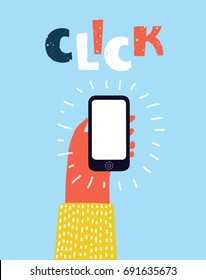 Vector Cartoon Funny Illustration Of Hand Holding Smart Phone In Hand With Email Social Network. Message Send On Mobile Phone. Email Marketing. For Your Design, Prints, Poster