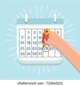 Vector cartoon funny illustration of hand with pencil mark calendar