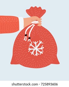 Vector cartoon funny illustration of the hand of Santa Claus holding a bag with presents. Merry Christmas Happy New Year. Christmas greetings.
