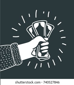 Vector cartoon funny illustration of Hand holding money cash. Black and white colors.