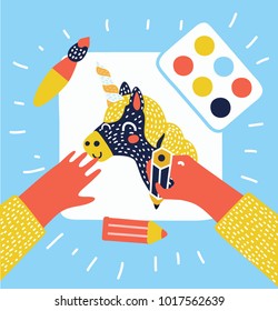 Vector cartoon funny illustration of hands painting, drawing and crafting image of unicorn on white paper.