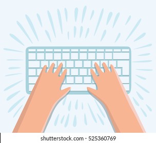 Vector cartoon funny illustration of hands working on keyboard at work space with top view