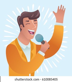 Vector cartoon funny illustration of handsome man in bright jacket sing into microphone.