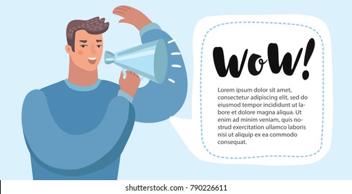 Vector cartoon funny illustration of handsome man hand holding megaphone with speech bubble. Loudspeaker. Banner for business, promotion and advertising.