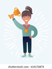 Vector cartoon funny illustration of happy girl holding gold trophy and gold medal