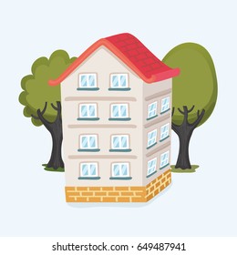 Vector cartoon funny illustration of a cartoon house and trees isolated on a white background.