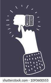 Vector cartoon funny illustration of human hands push by finger Thumb down icon. Black and white outline dislike concept.