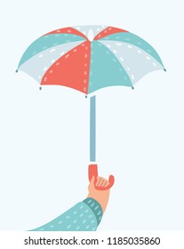 Vector cartoon funny illustration of human hand holding ope umbrella. Object on isolated white background.