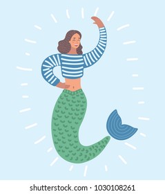 Vector cartoon funny illustration of the image of a mermaid waving to you. Female characters in white isolated background.