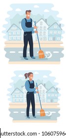 Vector cartoon funny illustration of janitor, sweeps. Female and male characters on streets landscape.