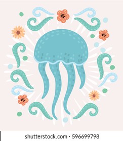 Vector cartoon funny illustration of Jellyfish. Blue medusa decorated with flower and marine elements. Icon for web.