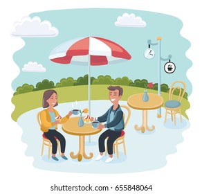 Vector cartoon funny illustration of loving couple in a street cafe under umbrella. Summer landscape
