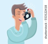 Vector cartoon funny illustration of man take photo with camera. Close up view