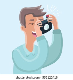 Vector cartoon funny illustration of man take photo with camera. Close up view
