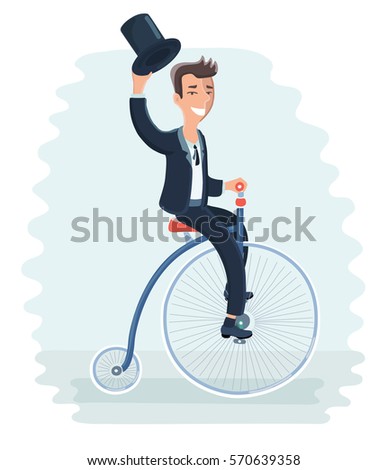 Vector cartoon funny illustration of Man on retro vintage old bicycle vector illustration. Gentleman holds the cylinder in his hand and riding on a tricycle bike