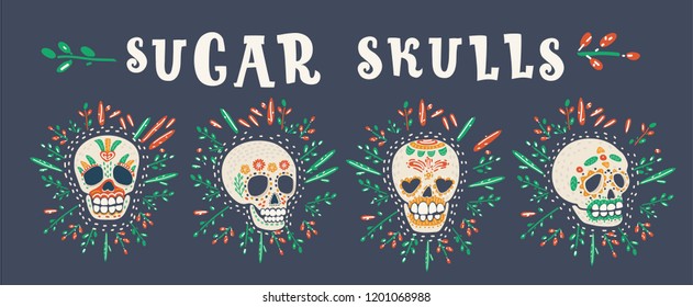 Vector cartoon funny illustration of Mexican sugar skull, Dia de los Muertos icons set. Object on dark background.