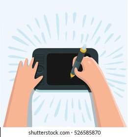 Vector cartoon funny illustration of modern creative office workspace of a designer. Hands drawn and graphic tablet on the desk.