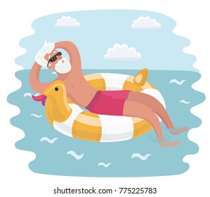 Vector cartoon funny illustration of the old man relaxation on rubber ring on the sea waves.