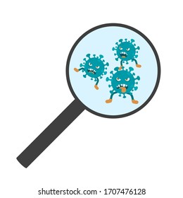 Vector cartoon funny illustration on coronavirus cells under magnifying glass on white background
