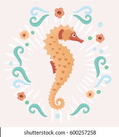 Vector cartoon funny illustration of an orange stylized seahorse decorated with flowers and marines elements