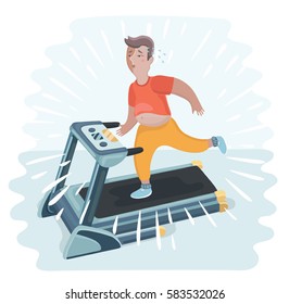 Vector cartoon funny illustration of a overweight man jogging on a treadmill