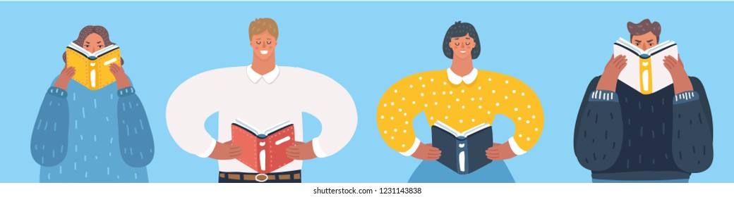 Caricatura vectorial ilustración divertida de gente leyendo libros. Carácter masculino y femenino con fondo azul. Diferentes hombres y mujeres.