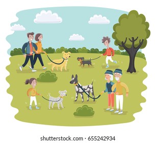 Vector cartoon funny illustration of people having fun in a dog park. Different breed. Summer landscape background