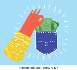 Vector cartoon funny illustration of Pickpocket. Human hand takes out money cash from pocket. Theft, security, carelessness, insecurity