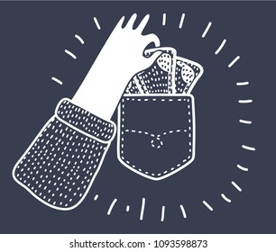 Vector cartoon funny illustration of Pickpocket hand take out pocket icon. Finance elements. Simple icon for websites, web design, mobile app, info graphics. Black and white black 