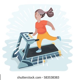 Vector cartoon funny illustration of plump young woman running on treadmill. Girl working out in sweat to get rid of fat belly