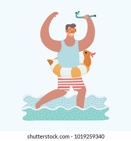 Vector cartoon funny illustration of rejoice man running in sea water with diving mask on his face and diving tube in his hand and rubber duck ring on his waist.