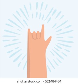 Vector cartoon funny illustration of Rock hand gesture on a blue background