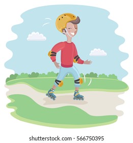 Vector cartoon funny illustration of Roller Skating Boy moving fast
