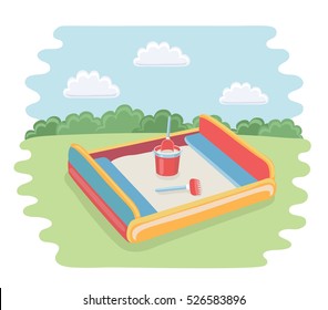 Vector cartoon funny illustration of sandbox with child scoop, rakes and baby bucket with sand