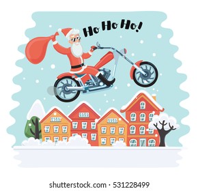 Vector cartoon funny illustration of Santa Claus on motorbike with a bag of gifts in hands flying on the sky above town house. Snowy landscape. Motorcyclist in sunglasses say Ho Ho Ho!