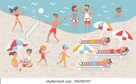 Vector cartoon funny illustration of scene of people relax on the beach. Scene vacation on seacoast. Children and adults: sport, voleyball, swimming and take sunbath, playing in the sand and diving