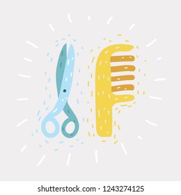 Vector cartoon funny illustration of Scissors, comb sign on white bakcground.