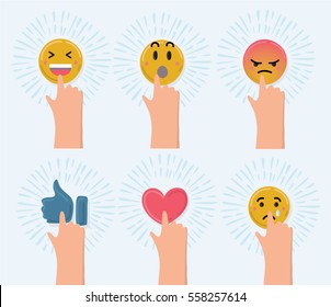 Vector cartoon funny illustration of set of cute smiley emoticons, emoji . Hand push icon. Dynamic veiw